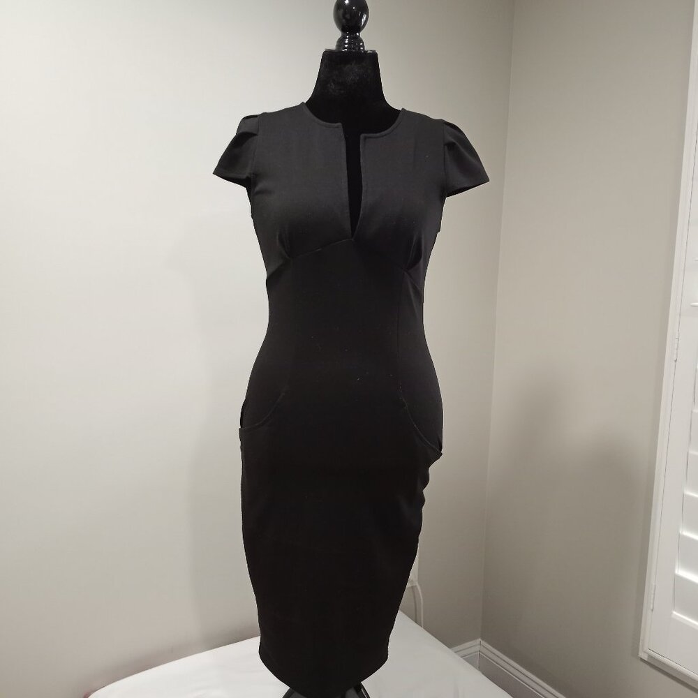 BLACK PLUNGE NECKLINE MIDI DRESS WITH SIDE POCKETS WOMEN UK SIZE 12